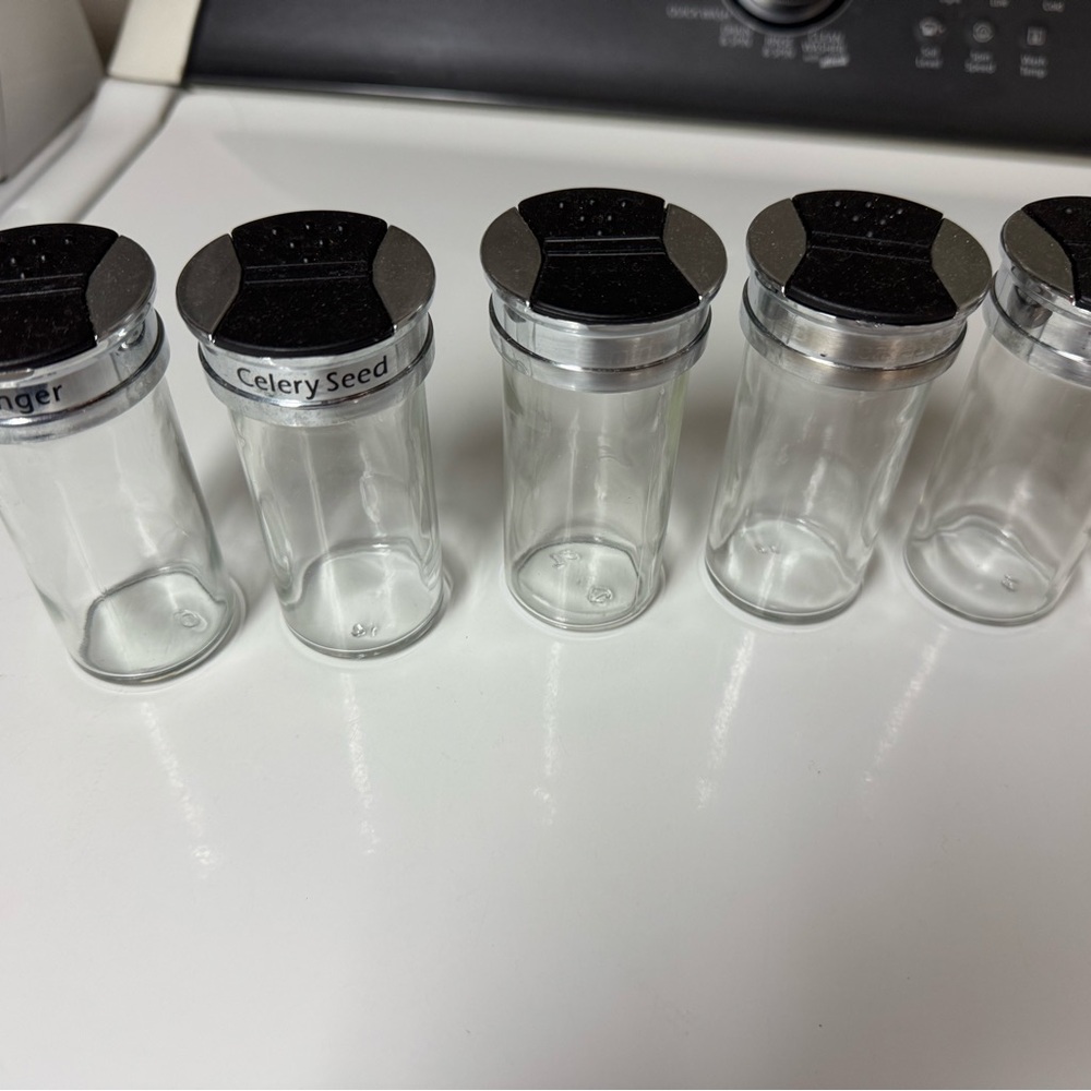 Set of Clear Glass Spice Jars with Black/Silver Flip Lids